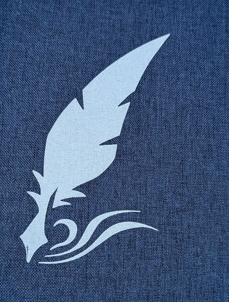 Stylized light-blue feather with decorative swirls on a blue denim background.