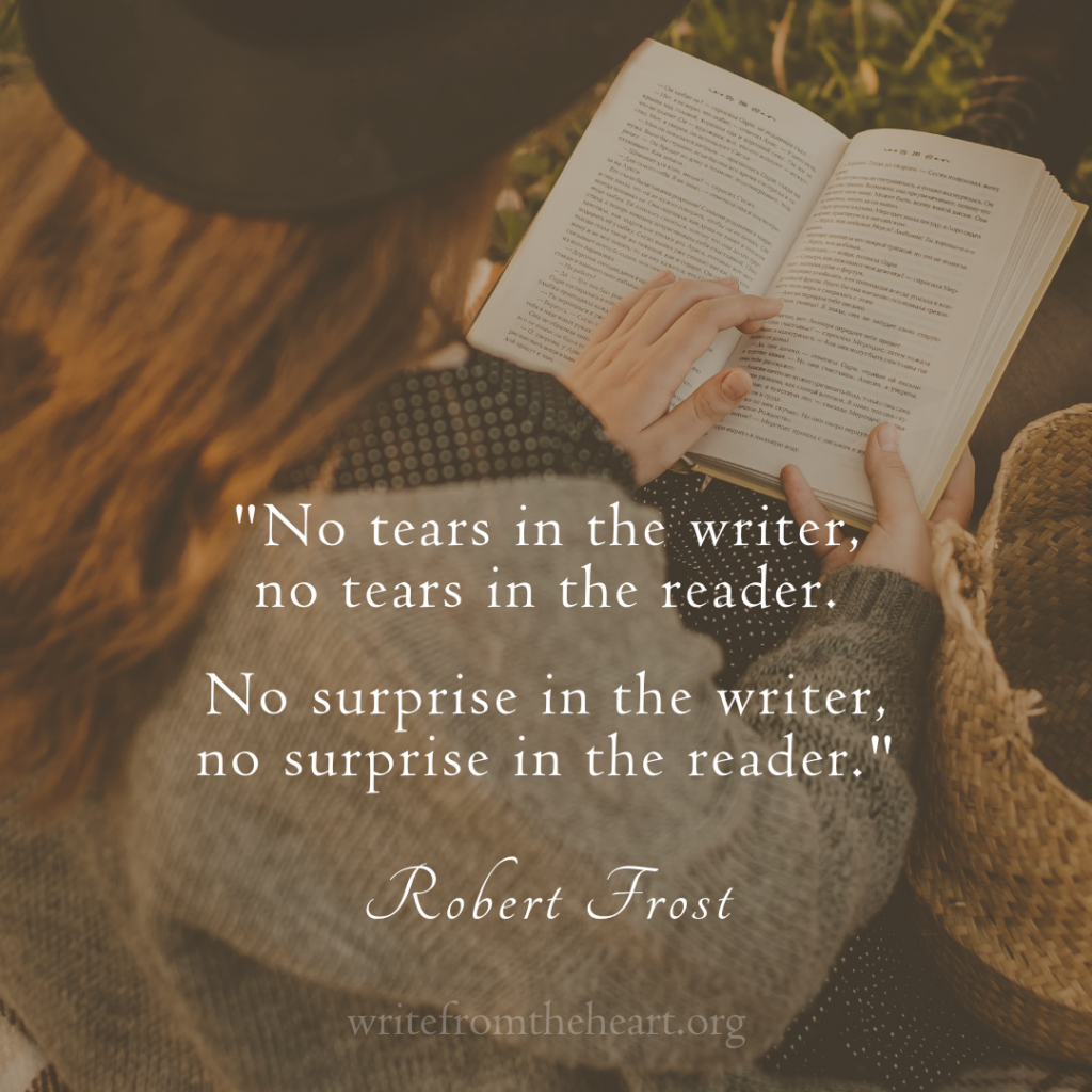 A young woman reading with the quote "No tears in the writer, no tears in the reader. No surprise in the writer, no surprise in the reader." Robert Frost in the center of the image
