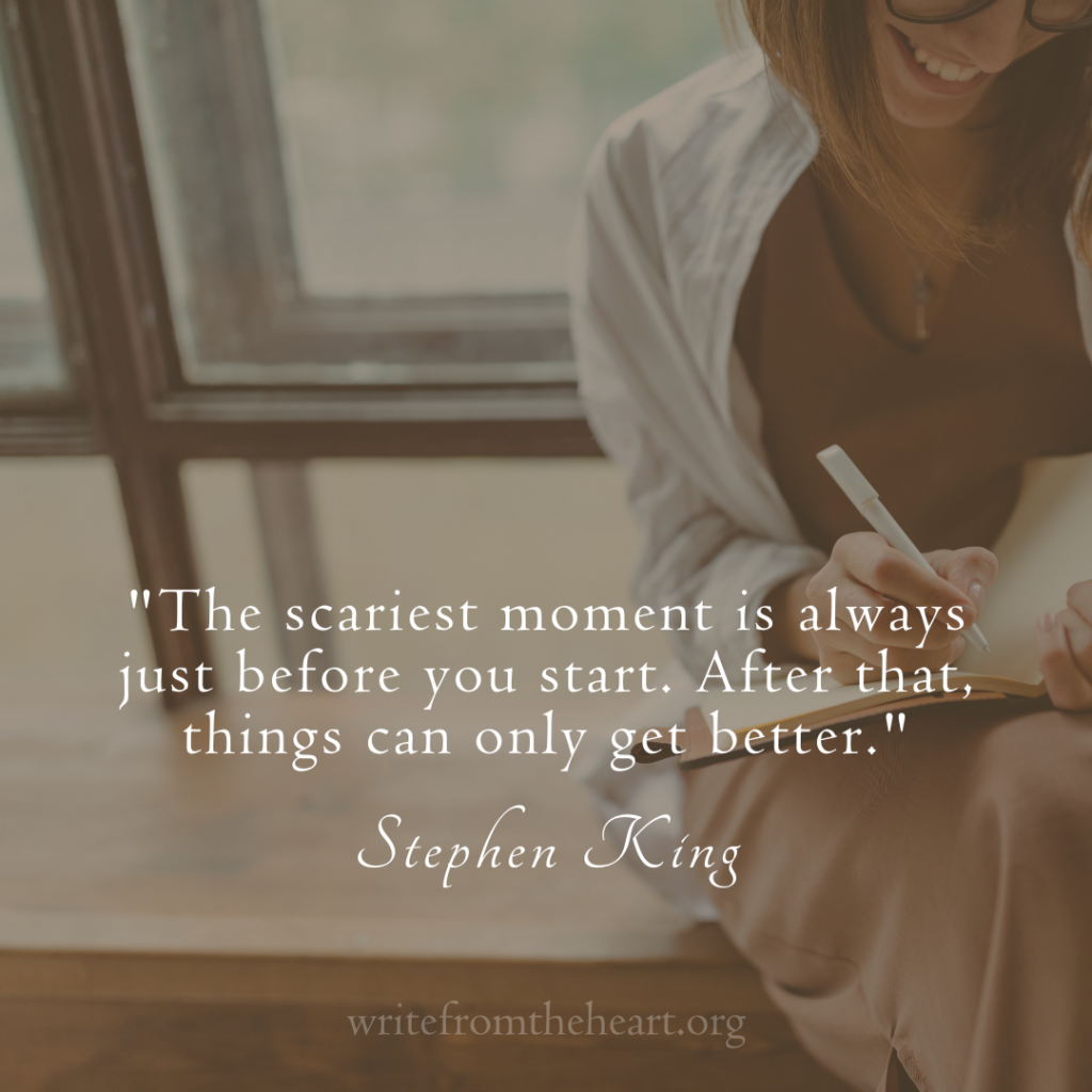 A smiling young woman writing in a notebook with the quote "The scariest moment is always just before you start. After that, things can only get better." by Stephen King in the center of the image