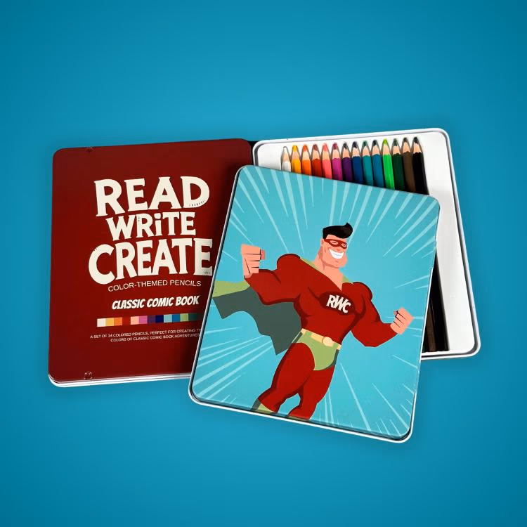 Red tin labeled Read Write Create with color pencils inside; lid shows a teal backdrop and a superhero cartoon.