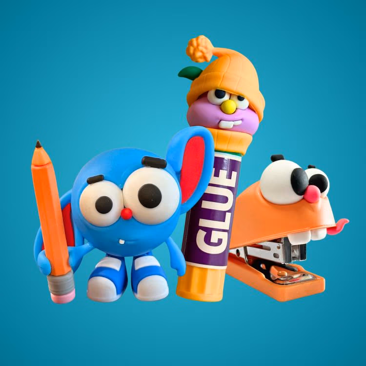 Playful clay-school-supply characters: blue elephant with a pencil, a purple glue bottle, and an orange stapler against a teal background