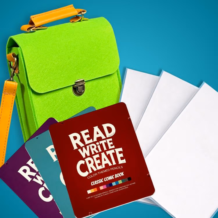 Bright neon green backpack with color-themed 'Read, Write, Create' cards and white sheets of paper on a teal background, suggesting school supplies and creativity.