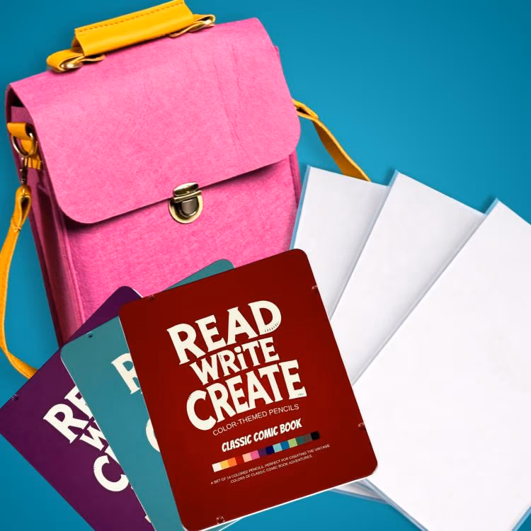Pink school bag with yellow straps beside a set of colorful 'Read Write Create' cards and blank white papers on a teal background, suggesting a creative learning kit.
