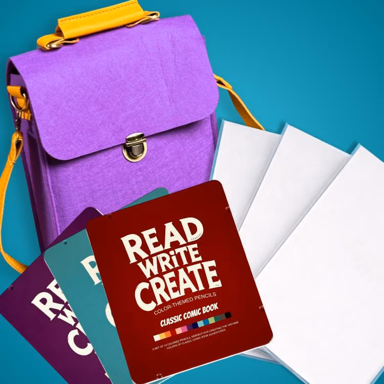 Purple backpack with a red 'Read Write Create' card and white sheets of paper, colorful learning supplies.