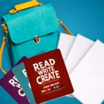 Turquoise backpack with yellow straps and colored pencils fanned beside a red Read Write Create card among white sheets, indoor studio lighting.