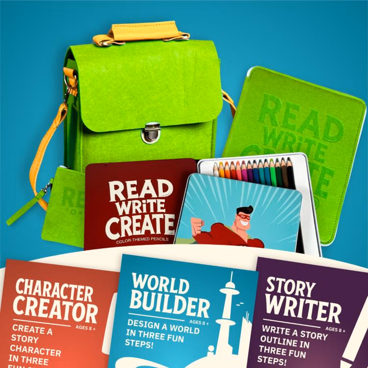 Colorful classroom scene with a green backpack, notebooks and booklets for reading and writing creativity for kids.