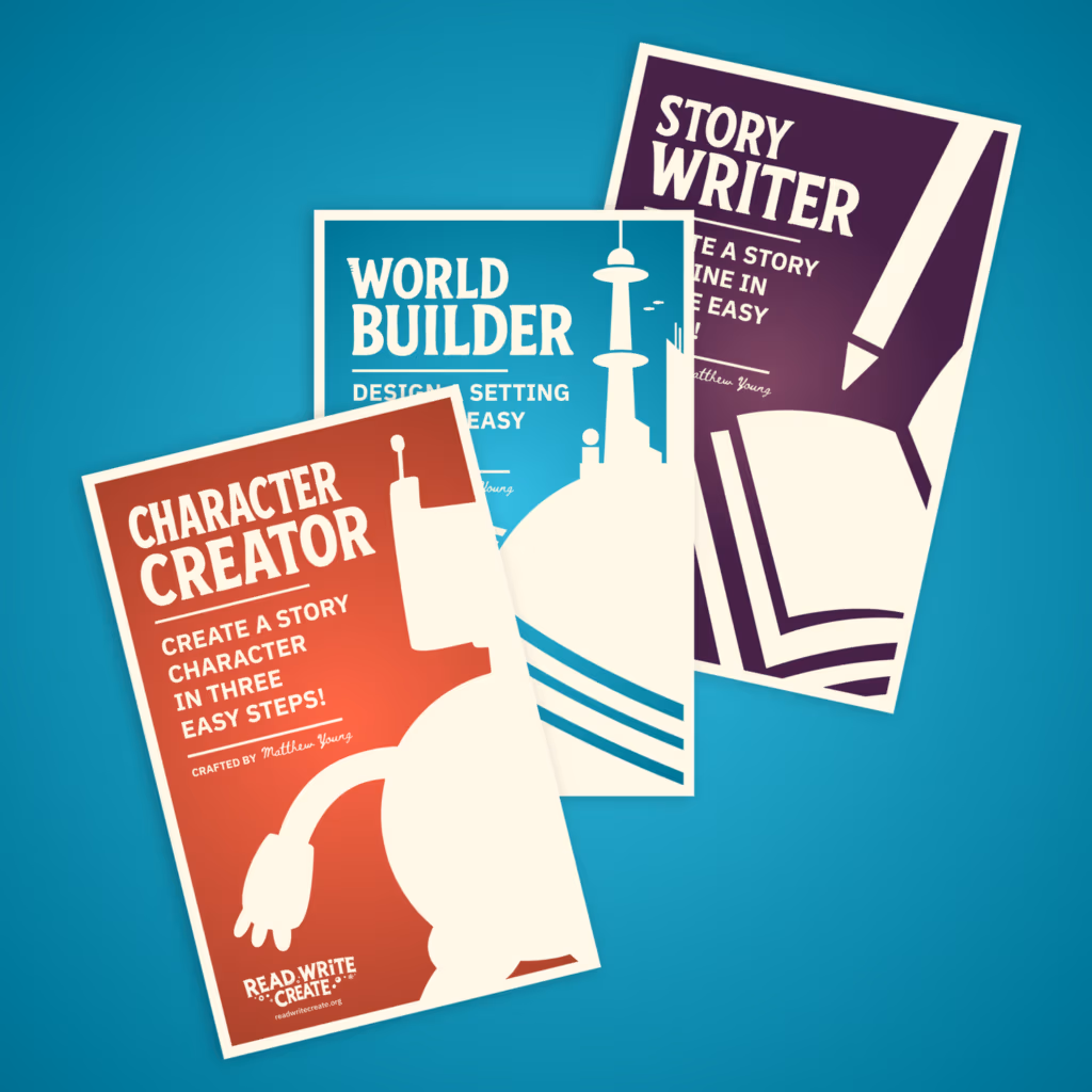 Four overlapping posters on a teal background featuring writing-themed titles: Story Writer, World Builder, and Character Creator with bold typography and silhouettes.