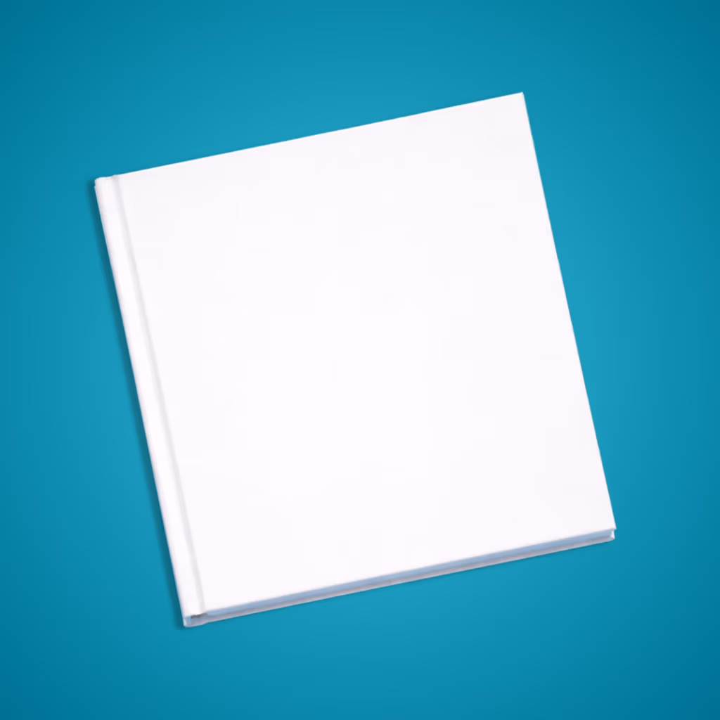 White notebook tilted on a teal background.