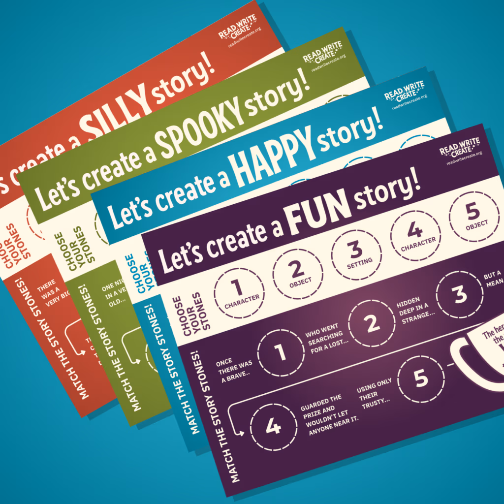 Four overlapping colorful posters with prompts like "Let's create a HAPPY story!" and variations such as silly, spooky, and fun stories, from Read.Write.Create.