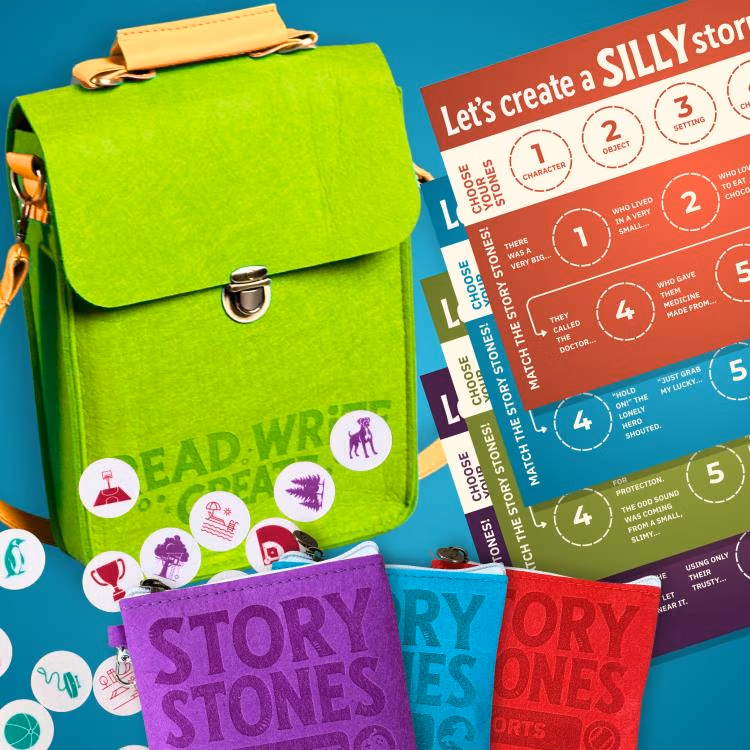 Bright neon-green backpack with Story Stones game cards and colorful booklets for kids' storytelling.