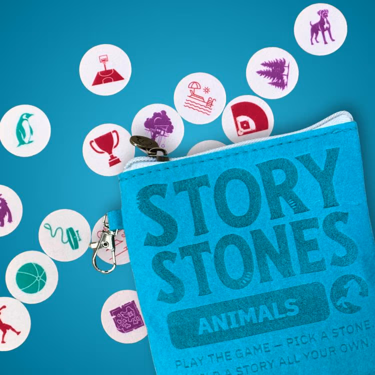 Turquoise Story Stones Animals game with round stones featuring animal icons spilling from a blue pouch on a teal background