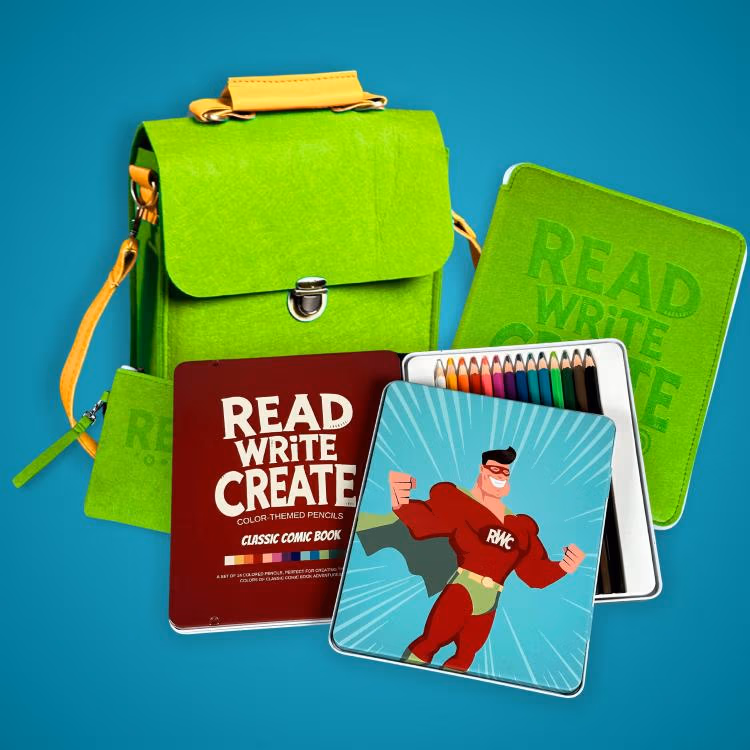 Bright green backpack with a Read Write Create booklet and colored pencils on a teal background.