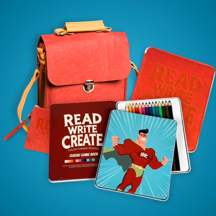 Red backpack with a read–write–create themed art kit including colored pencils and a comic-style card set on a teal background.