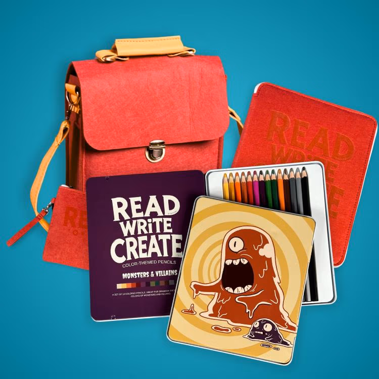 Red backpack with children’s art supplies: a purple 'Read Write Create' book, a metal tin of colored pencils, and a cartoon monster card on a teal background.