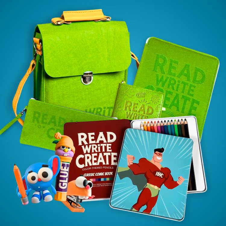 Bright green school gear—backpack, notebooks, and art supplies arranged for a classroom or kids’ learning scene.