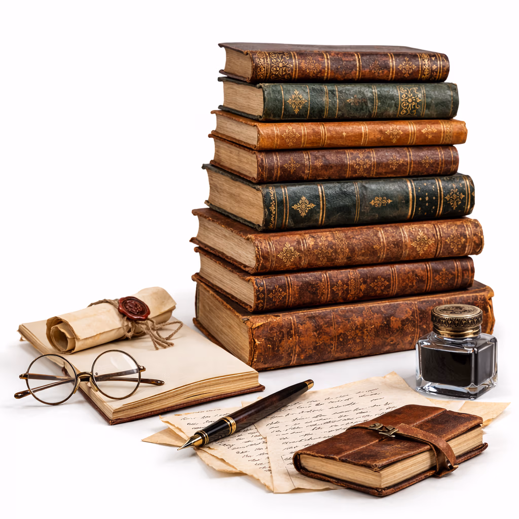 Stack of old leather-bound books with antique writing tools: ink bottle, quill, handwritten letters, parchment, glasses, and a leather journal.