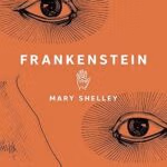 Cover image: frankenstein by mary shelley, orange background with black line drawings of eyes and a nose, title in white uppercase, author name beneath.