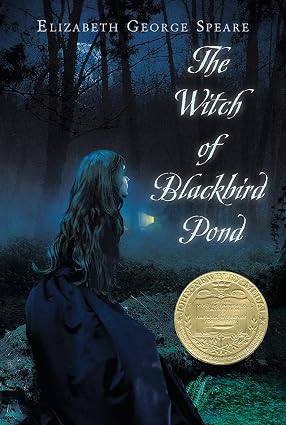 Book cover showing a girl in a dark cloak in a moonlit forest, looking to the left; title the witch of blackbird pond and a gold seal on the lower right.
