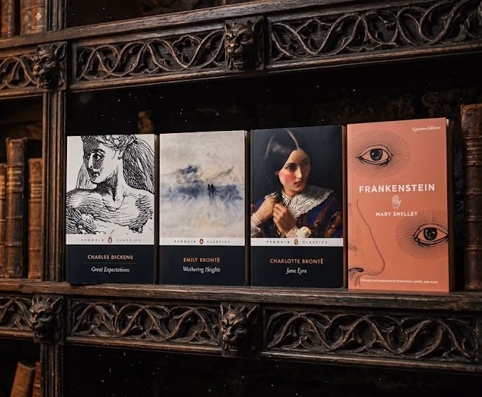 Row of classic novels on a dark carved wooden shelf, including dickens' great expectations, wuthering heights, jane eyre, and frankenstein.