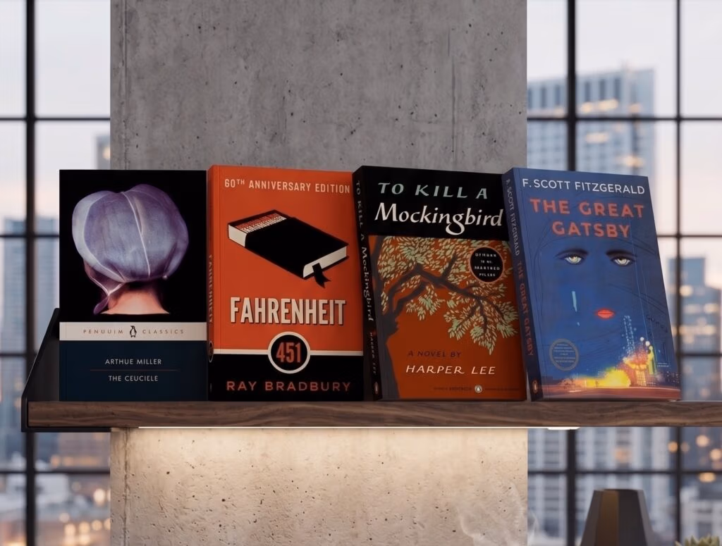 Row of four large book covers on a shelf against a concrete column, with city windows in the background, left to right: a blue-purple helm cover, fahrenheit 451, to kill a mockingbird, and the great gatsby.