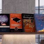 Row of four large book covers on a shelf against a concrete column, with city windows in the background, left to right: a blue-purple helm cover, fahrenheit 451, to kill a mockingbird, and the great gatsby.