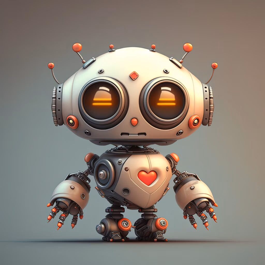Two friendly robots stacked on top of each other, with large circular eyes and a glowing red heart on the chest.